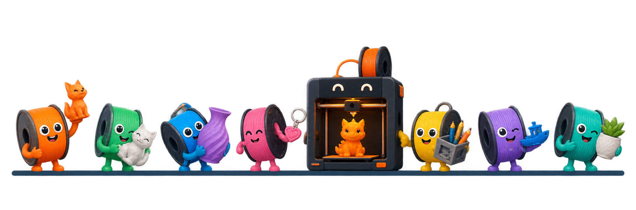 Kolorowe postacie ze szpulami filamentu i drukarka 3D przy pracy