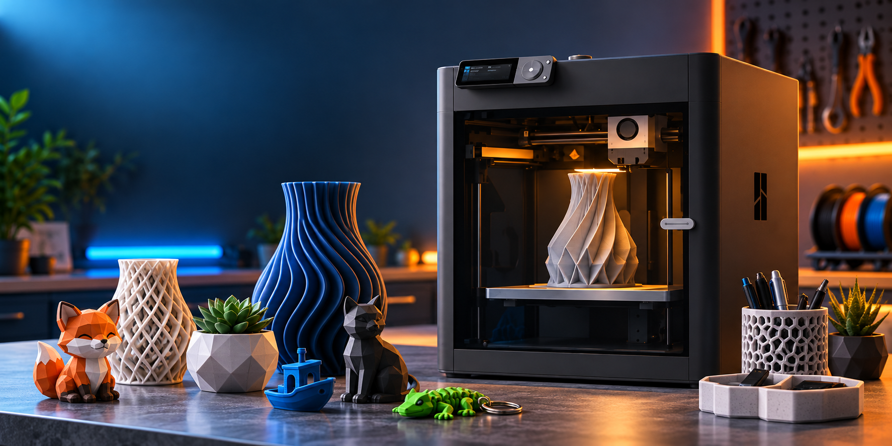 Drukarka 3D otoczona kolorowymi wydrukami - breloczki, figurki kolekcjonerskie i wazony